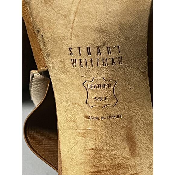 Stuart Weitzman Shoes Womens Size 8.5 Tan Leather Peep Toe Slingback Heels J3874 - Picture 6 of 10